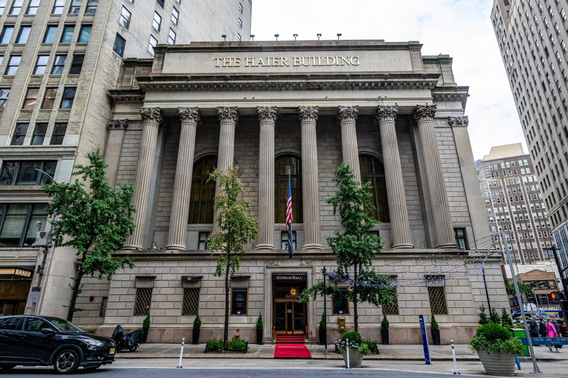 Classical colonnade of a limestone building in Midtown Manhattan